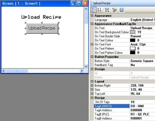 MAPware-7000 Upload Recipe button on-screen with properties menu to the right, showing the configurable properties of the object.