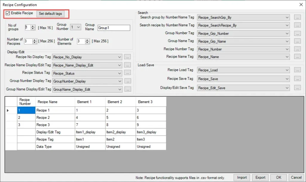 MAPware-7000 Recipe Configuration Window. This is where all the Recipes are configured, using the default tags that currently reside in the tag database