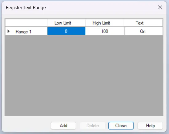 MAPware-7000: Register Text Range window A screenshot displaying the register text range window, which allows you to set message displays given register limits