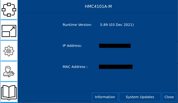 HMC4000 Series System Settings menu screen This is the System Settings "About" screen for the HMC4101A-M.