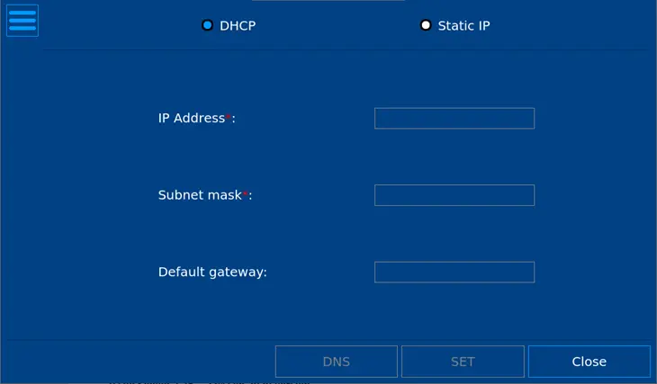 HMC4000 Series Network Settings Window This is the network settings window of the HMC4000 Series; the user can enable DHCP or assign a static IP address from this screen.