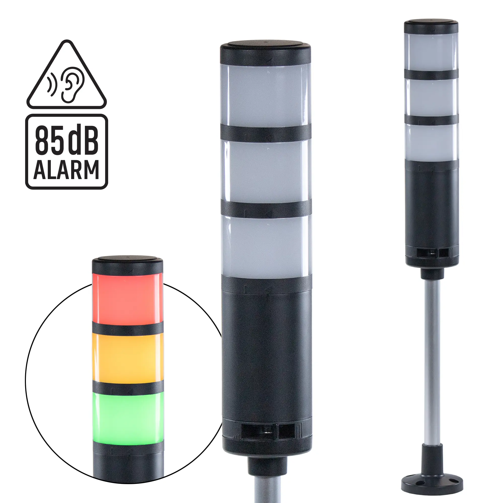 Maple Systems TL160P2BF-3 Pole Mount, 3 Tier, Signal Tower Light with Alarm.