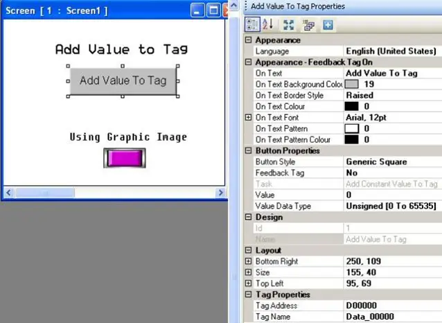 Add Value to Tag MAPware-7000 Add Value to Tag Object placed on screen with properties menu to the right, showing the configurable properties of the object.