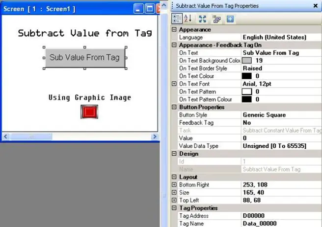 Subtract Value from Tag MAPware-7000 Subtract Value from Tag Object placed on screen, with properties menu to the right, displaying the configurable attributes of the object.