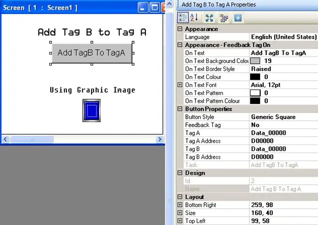 Add Tag B to Tag A MAPware-7000 Add Tag B to Tag A Object on screen with properties menu to the right, showing the configurable properties of the object.