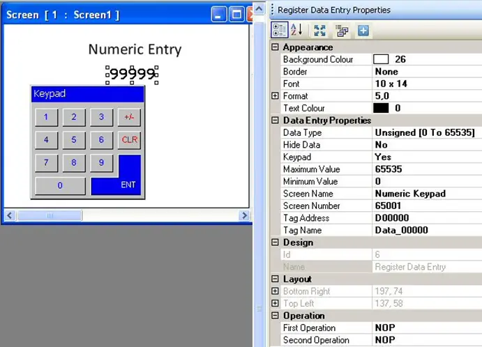 Numeric Entry Object MAPware-7000 Numeric Entry Object on the screen with properties menu to the right, displaying the configurable properties of the object.