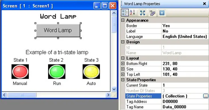 Word Lamp Object MAPware-7000 Word Lamp Objects placed on-screen, with properties menu to the right, showing the configurable properties of the object.