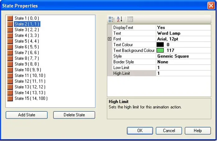 State Properties dialog box MAPware-7000 State properties dialog box for configuring the properties of each state of a register level object.