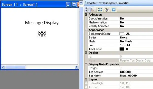 Message Display Object MAPware-7000 Message Display Object on screen with properties menu to the right, showing the configurable properties of the object.
