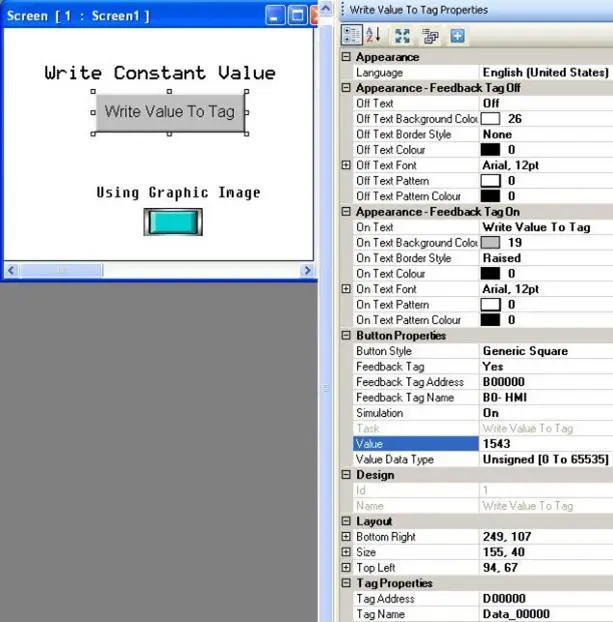 Write Value to Tag Object MAPware-7000 Write Value to Tag Object on the screen with properties menu to the right, displaying the configurable attributes of the object