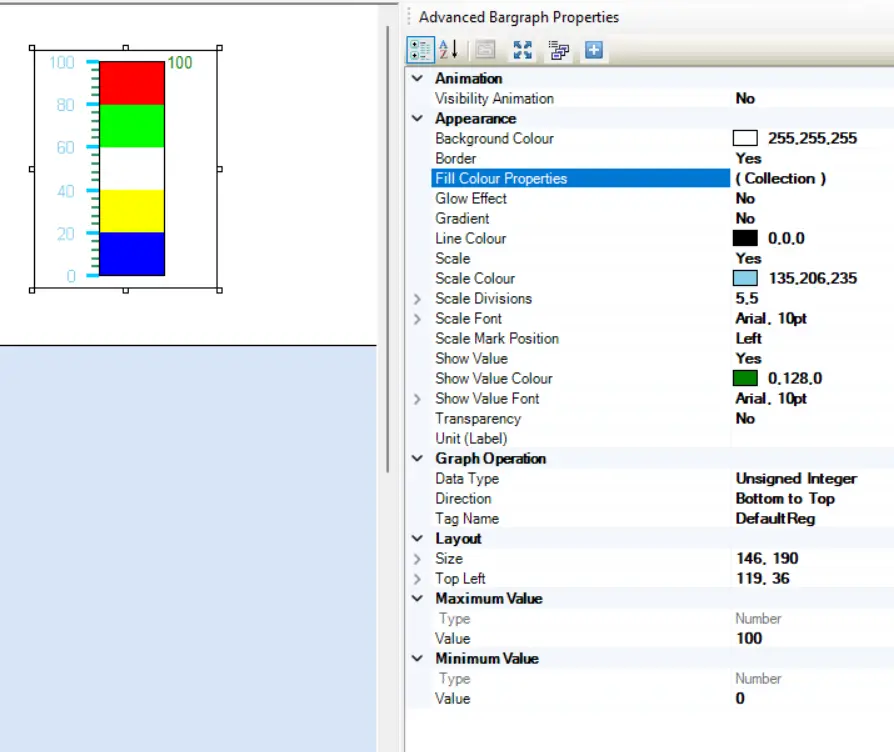 MAPware: Advanced Bar Graph MAPware-7000 Advanced Bar Graph Object displayed on screen with properties window to the right, showing the configurable properties of the object.