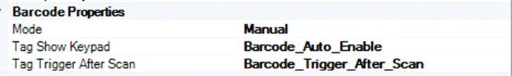 Barcode Properties: Manual Object Properties window for barcode object, Mode can be set to manual or auto. This screenshot shows Mode set to manual.