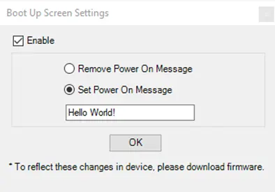 Bootup Screen Settings MApware-7000 Bootup Screen settings window