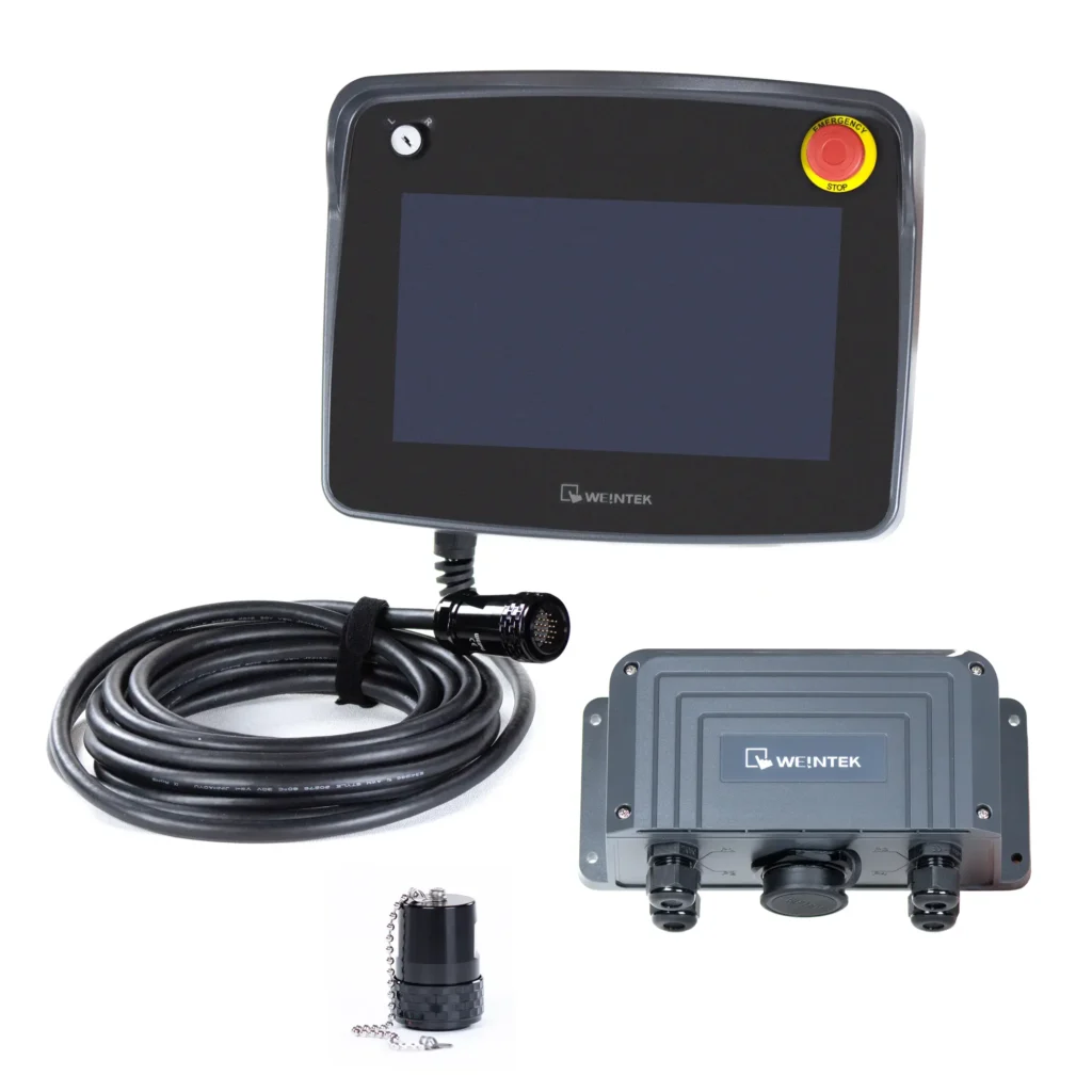 cMT3106XM-10SP Combo Maple Systems 10.1" Handheld cMT3106XM Combo View showing the cMT3106XM, Tether Cable, Standard Connection Box and E-Stop Plug