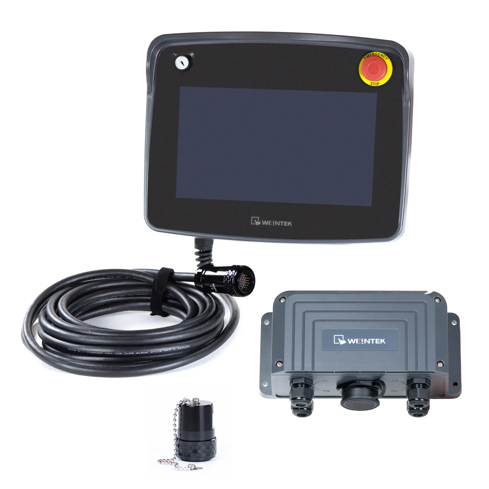 Maple Systems 10.1" Handheld cMT3106XM Combo View showing the cMT3106XM, Tether Cable, Standard Connection Box and E-Stop Plug