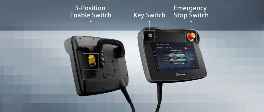 cMT3106XM Safety Switches The Maple Systems handheld cMT3106XM HMI has Triple-Layer Safety built-in! Key Switch, E-Stop, 3 Position Enable Switch