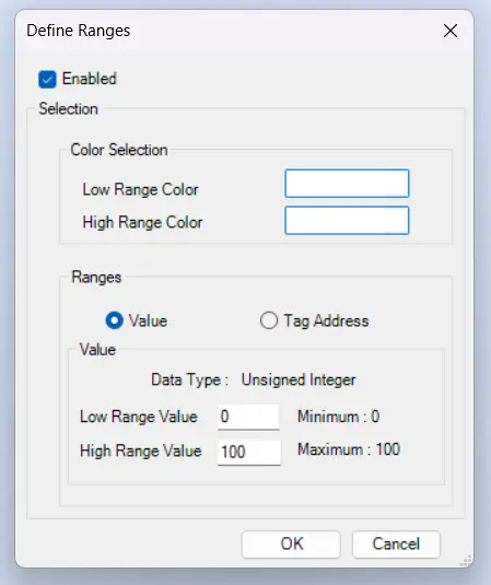 MAPware: bar graph Define Ranges Window A Screenshot demonstrating the popup window for configuring the "Define Ranges" option of a bar graph object on an HMC2000