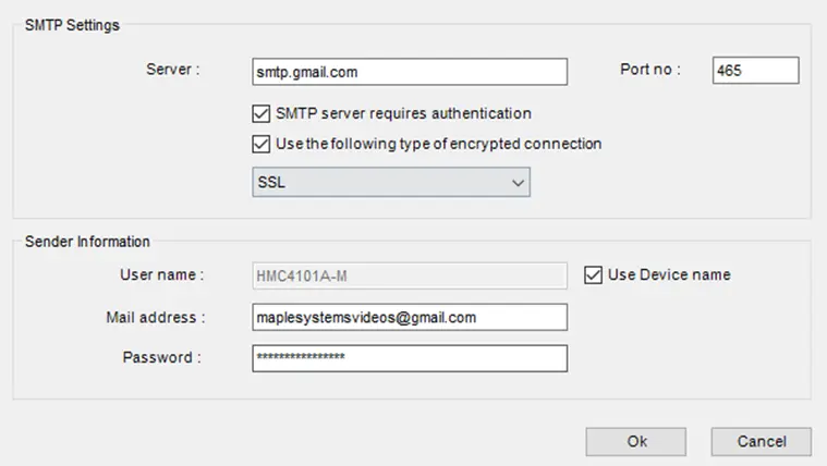 Email Configuration MAPware-7000 Email Configuration Popup window. SMTP settings and Sender information are located here.