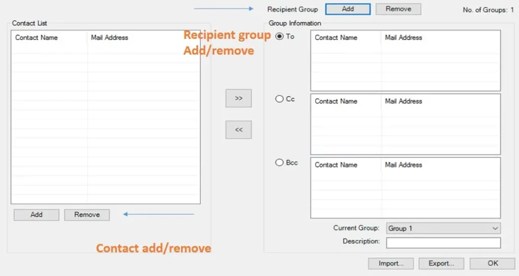MAPware-7000 Contact List window MAPware-7000 Contact List window, for adding contacts and recipients to emails. You can also organize recipients into groups.