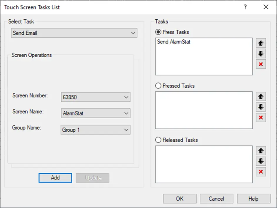 Email via task MAPware-7000 Touch Screen Task List window allows for an Email to be sent by using a task button.