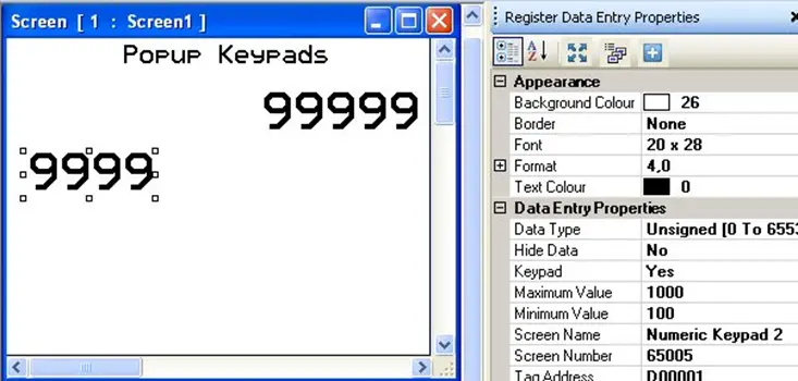 New Keypad MAPware-7000 Popup keypads window on screen, with the newly-created (custom location) keypad window being called up under the Screen Name/Number attribute fields of the Properties section