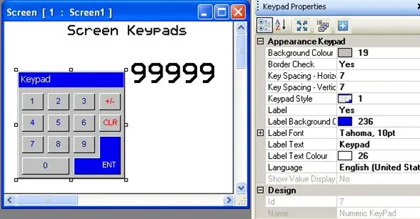 Predefined Keypad MAPware-7000 Predefined keypad selected on-screen with properties window to the right, displaying the configurable properties of the keypad.