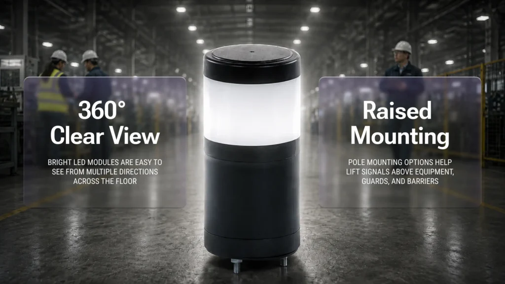 Tower Stack Light Feature: 360° Visibility Tower stack light with clear 360° indication and adjustable pole mounting (4″ to 40″)