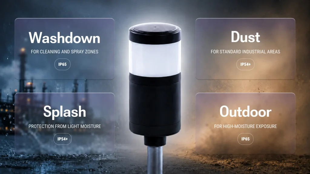 Tower Stack Light Feature: Environment Protection Tower stack light with IP protection for dust, splash, washdown, or outdoor use (IP54-IP65)