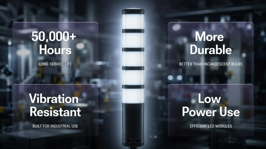 Tower stack light with multiple long service life LEDs