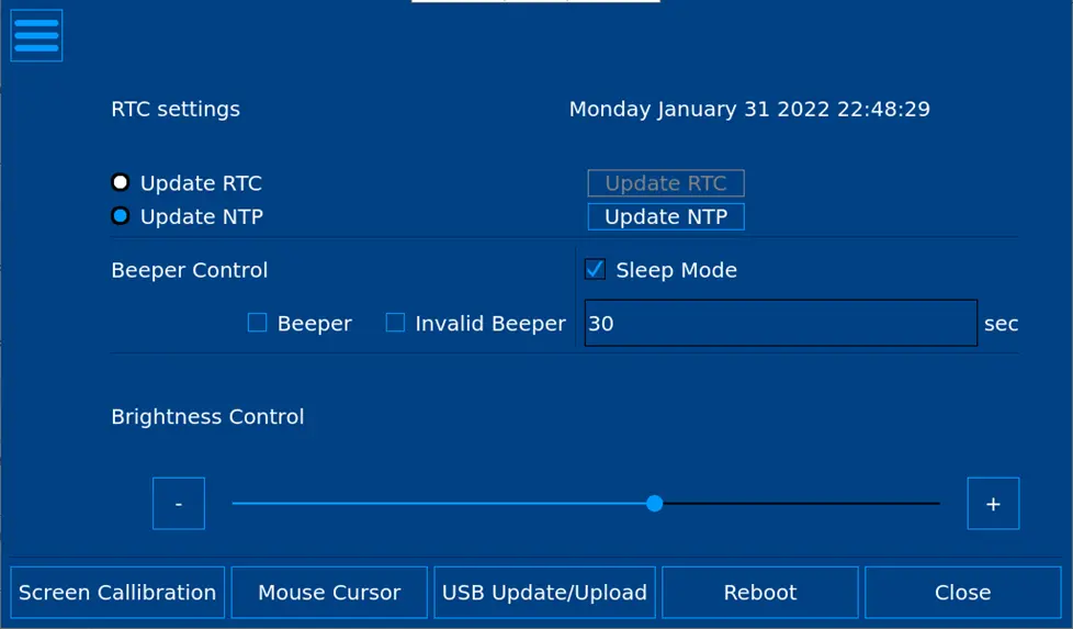HMC4000 Series "other" settings screen Screen in HMC4000 Series System settings menu that allows for RTC, beeper control, sleep mode, brightness control and other options to be configured.