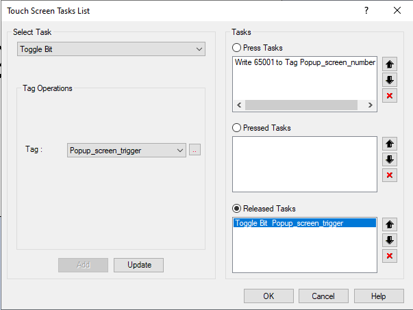 A Screenshot of the task selection window, demonstrating a "released task" that triggers the popup screen