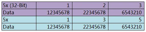 Comparison table showing 5x (32-Bit) and 5x address mappings with corresponding data values for double word swap behavior.