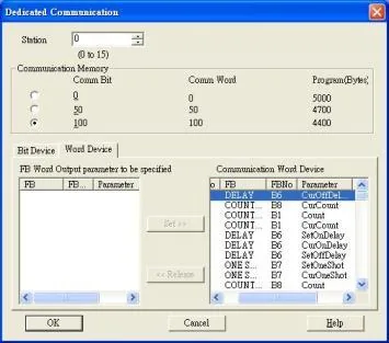 Alpha2 Dedicated Communication dialog showing Station 0, Communication Memory with Comm Bit/Word settings for FB words.