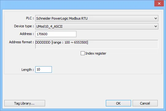 EasyBuilder address dialog with PLC set to Schneider PowerLogic Modbus RTU, device type UMod10_4_ASCII, address 170600, and length 10.