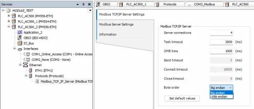 Automation Builder showing Modbus TCP/IP Server Settings panel with byte order set to Big Endian and server connections configured to 4.