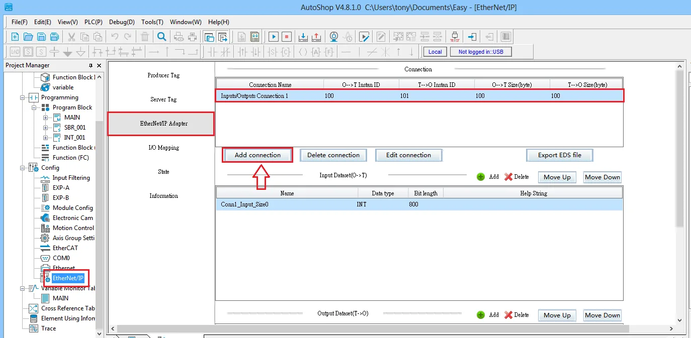 AutoShop V4.8.1.0 EtherNet/IP Adapter panel with the Add connection button highlighted and an Inputs/Outputs Connection 1 entry configured.