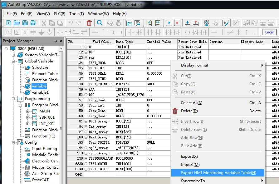 AutoShop Export HMI Monitoring Variable Table AutoShop V4.2.0.0 variable list with right-click context menu open and Export HMI Monitoring Variable Table highlighted.