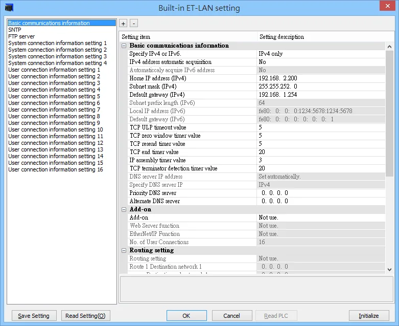 Built-in ET-LAN setting dialog showing Basic communications information with IPv4 address, subnet mask, default gateway, TCP timer values, and Add-on settings.