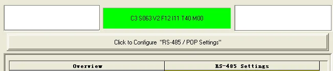 C3 ServoManager2 RS-485 Configure Button C3 ServoManager2 window showing the Click to Configure RS-485/POP Settings button with device identifier bar highlighted.