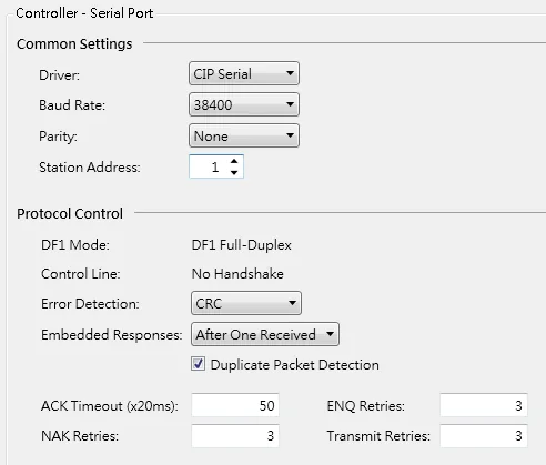 Connected Components Workbench Controller - Serial Port dialog showing CIP Serial driver, 38400 baud, no parity, Station Address 1, with DF1 Full-Duplex protocol control settings.