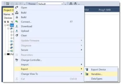 CCW Export Variables Menu Connected Components Workbench right-click context menu on Micro800 controller showing Export > Variables option highlighted.