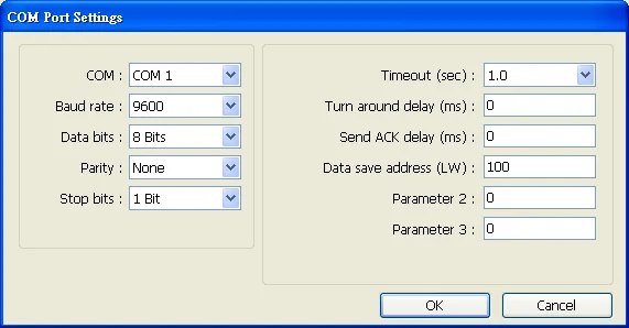 COM Port Settings dialog showing baud rate 9600, 8 data bits, None parity, 1 stop bit.