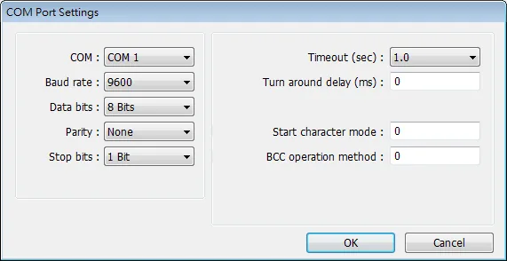COM Port Settings dialog showing Baud rate 9600, Data bits 8, Parity None, Stop bits 1 Bit, Start character mode 0, and BCC operation method 0.