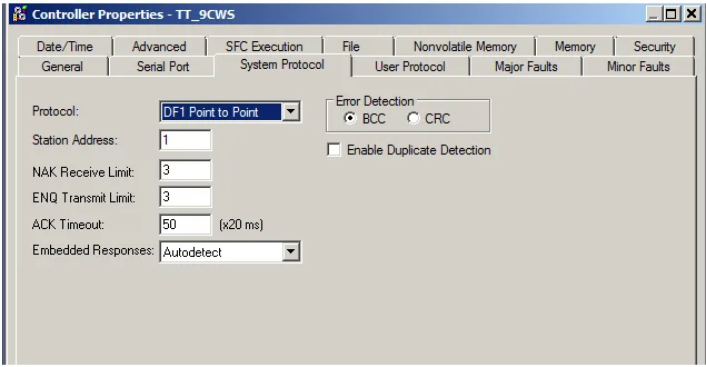 Controller Properties dialog on the System Protocol tab, showing Protocol set to DF1 Point to Point, Station Address 1, and Error Detection set to BCC.