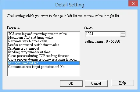 Detail Setting dialog with Self port standard No. selected and value set to 1024, with setting range 0 to 65280.