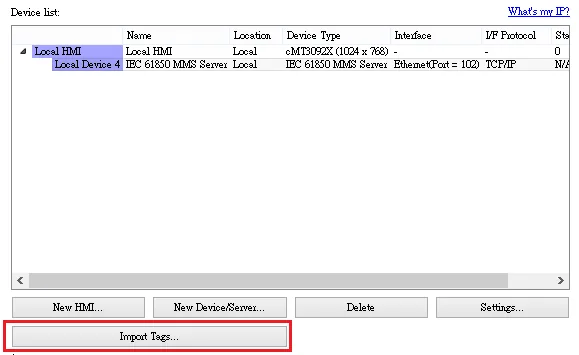 EBPro (EasyBuilder Pro) Device List showing Local HMI connected to IEC 61850 MMS Server device over Ethernet at port 102, with Import Tags button highlighted.