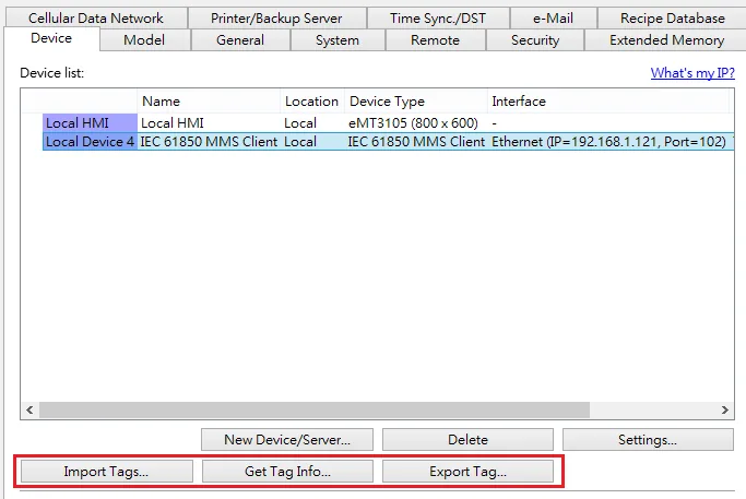EBPro device list showing Local Device 4 configured as IEC 61850 MMS Client with Ethernet interface at IP 192.168.1.121, Port 102. Import Tags, Get Tag Info, and Export Tag buttons are highlighted.