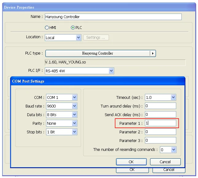Device Properties dialog showing HMI COM Port Settings with PLC type set to Hanyoung Controller, RS-485 4W interface, Baud rate 9600, and Parameter 1 set to 1.