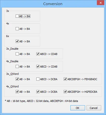 Conversion dialog in Device Properties showing byte-swap options for 3x, 4x, 6x, 3x_Double, 4x_Double, 3x_QWord, and 4x_QWord register types.