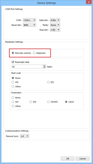Device Settings dialog showing COM Port Settings and Parameter Settings with Barcode scanner mode selected, Read byte limit, Start code, and Terminator options.